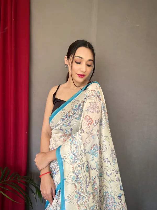 white_&_Blue_Pure_Malai_Cotton_Sarees_With_Katha_Print_Work_With_Blouse_Piece_Attached